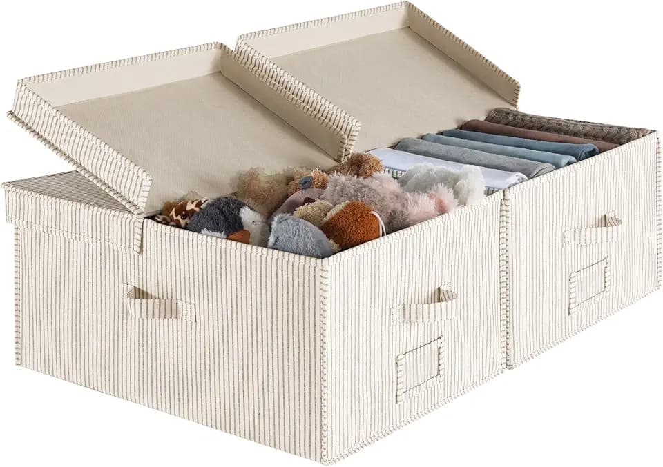 StorageWorks Large Decorative Storage Boxes with Lids, Khaki&Beige Stripes