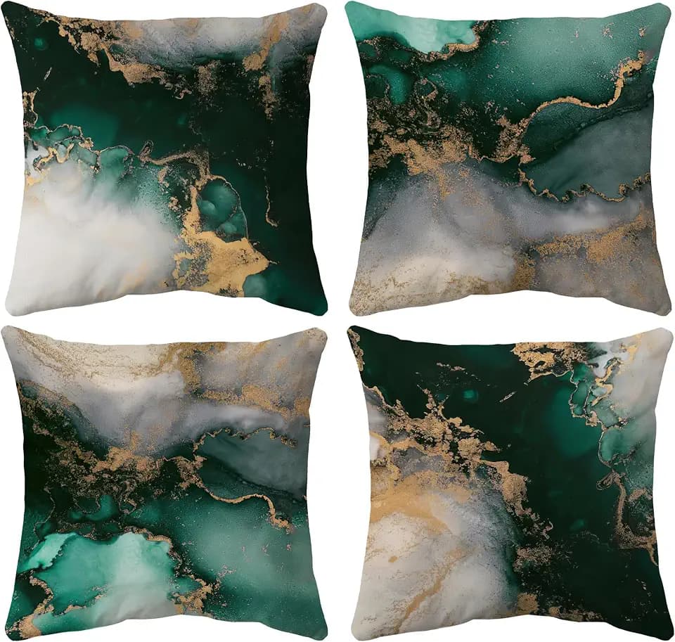 Modern Green Gold Abstract Marble Liquid Ink Art Throw Pillow Cover,18"X18" Set of 4 Decorative Pillowcase For Home Bedroom Living Room Office Decor,Housewarming Gift,Gifts For Women Teen Girls Her