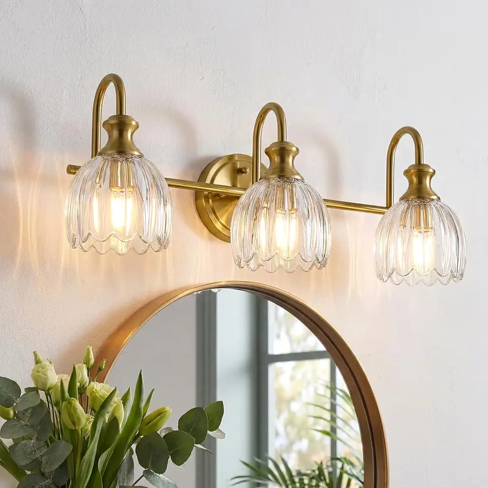 AUTELO 3-Light Gold Bathroom Light Fixtures Over Mirror, Clear