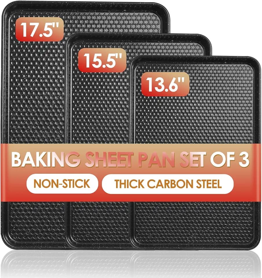 Baking Sheet Pan Set of 3, Nonstick Carbon Steel Cookie Sheets with Texture