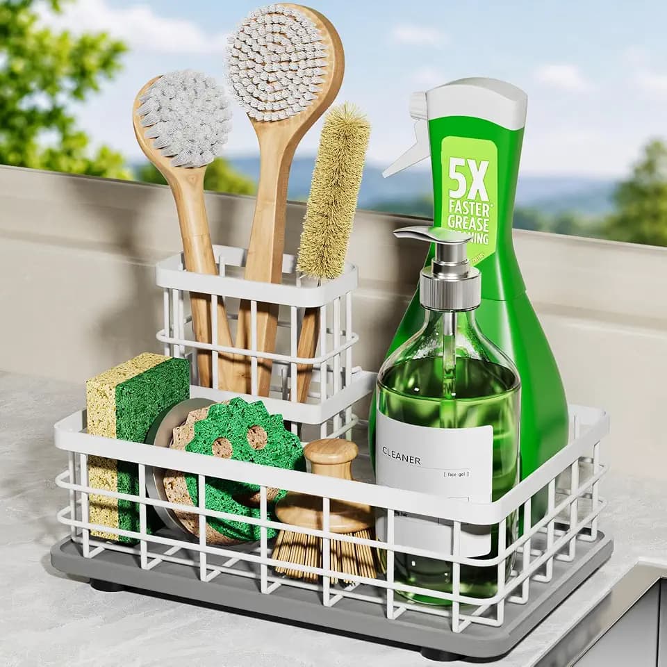 Extra Large Sink Caddy with Drying Stone, Sponge & Brush Holder for Kitchen