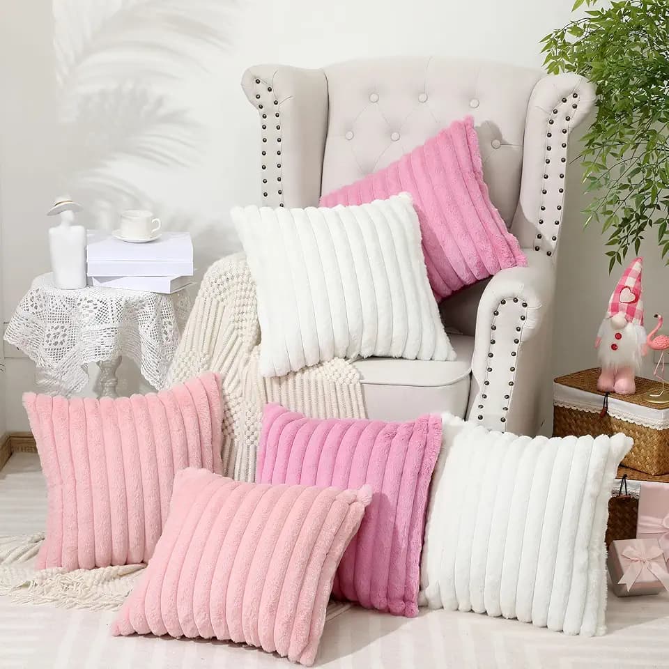 Mixweer 6 Pcs Pink Christmas Faux Fur Plush Throw Pillow Covers 18x18 Inch