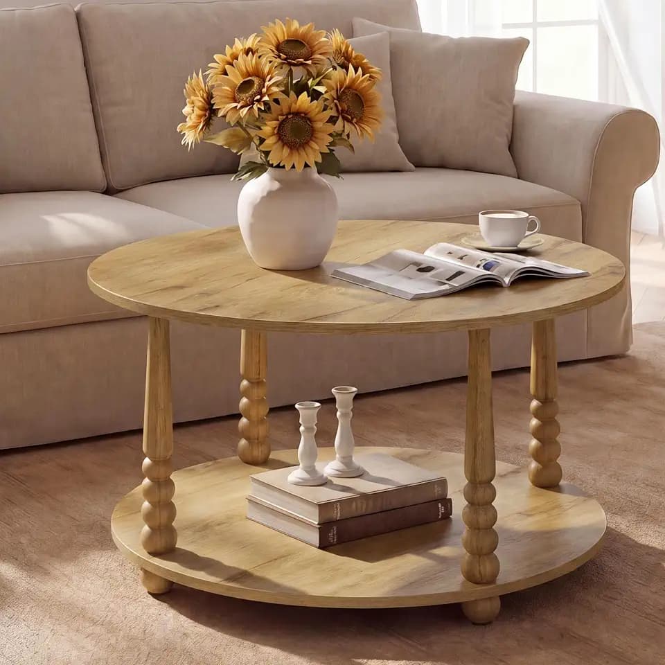 VASAGLE 2-Tier Round Coffee Table with Storage, Solid Wood Legs