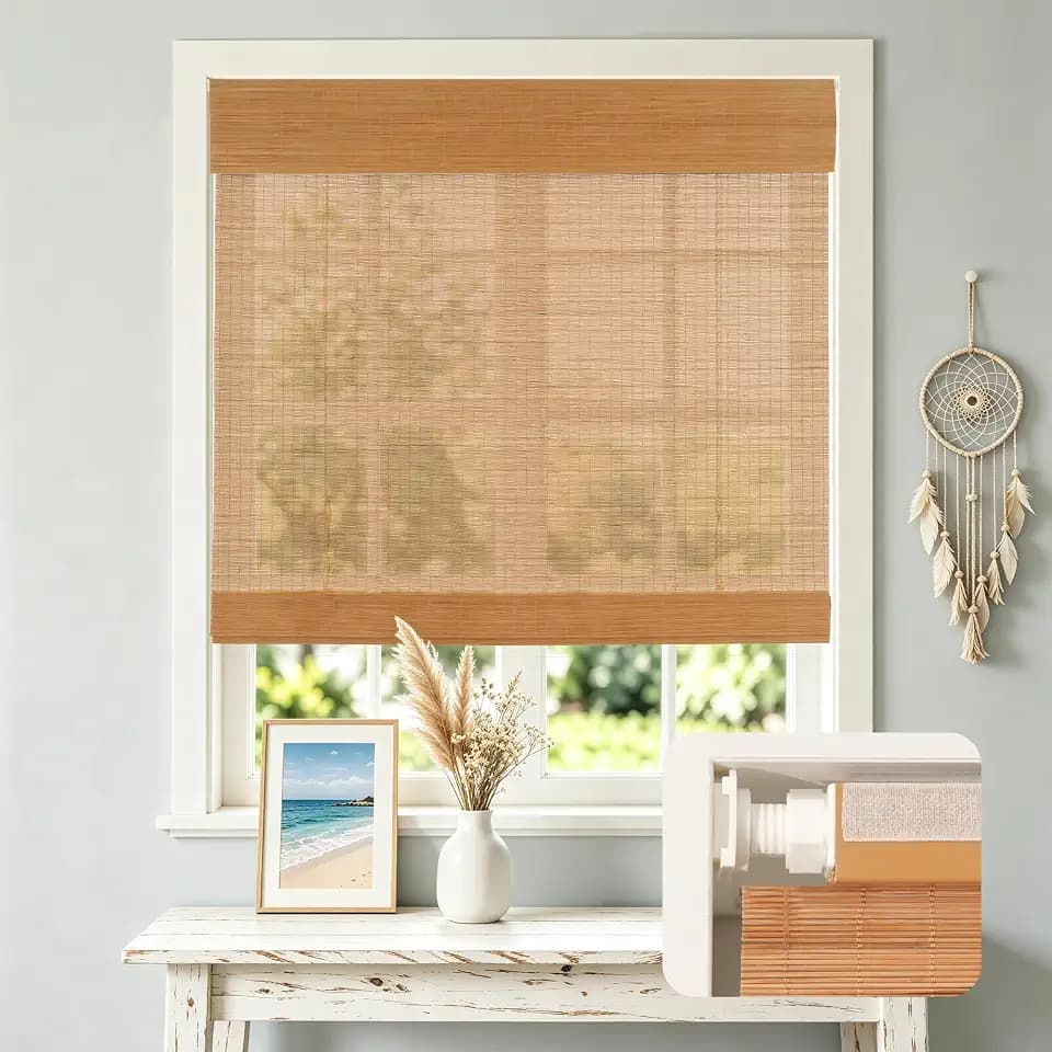 HESTIA No Drill Cordless Bamboo Roman Shades with Matching Valance, Light Filtering Natural Woven Roll Up Blinds for Living Room, Dining Room, and Sunroom, 30" W X 64" H