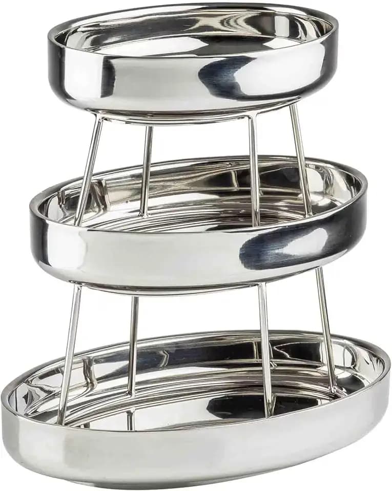 TableCraft 12915 Oval Three-Tiered Seafood Tower, Double-Wall Stainless Steel Display with Mirror Finish, 9.75", 11.75" & 13.75" Oval Bowls, Elevated Chilled Presentation, Silver