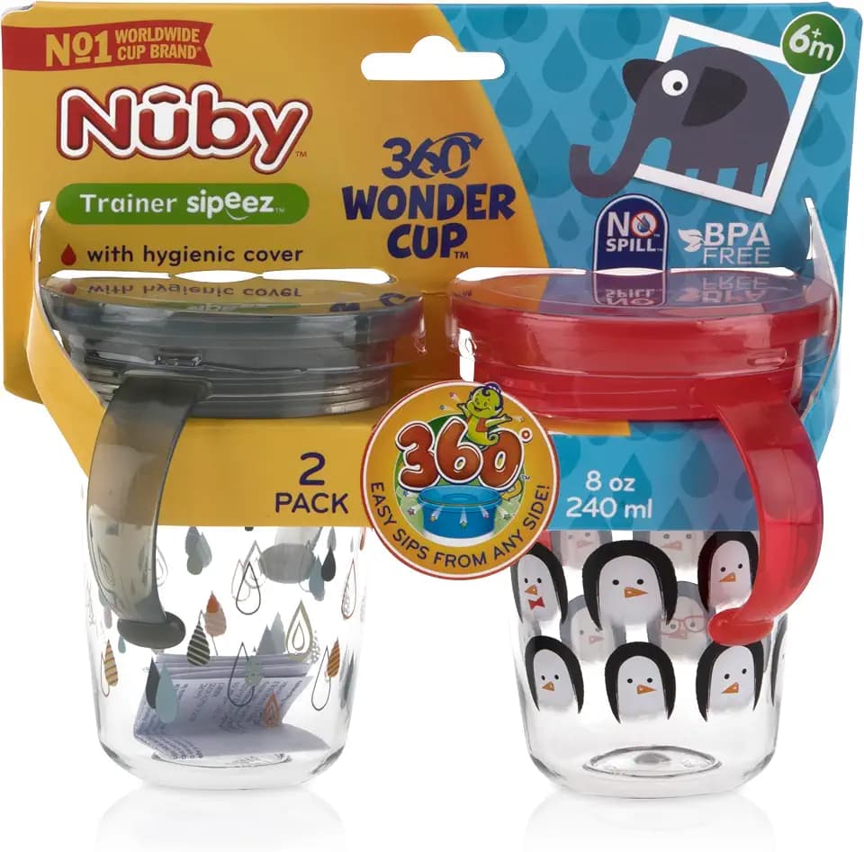 Nuby 360 Wonder Trainer Cup with Hygienic Cover - (2 Pack) 8 oz - Spill-Proof Toddler Sippy Cups - 6+ Months - Penguin/Teardrops