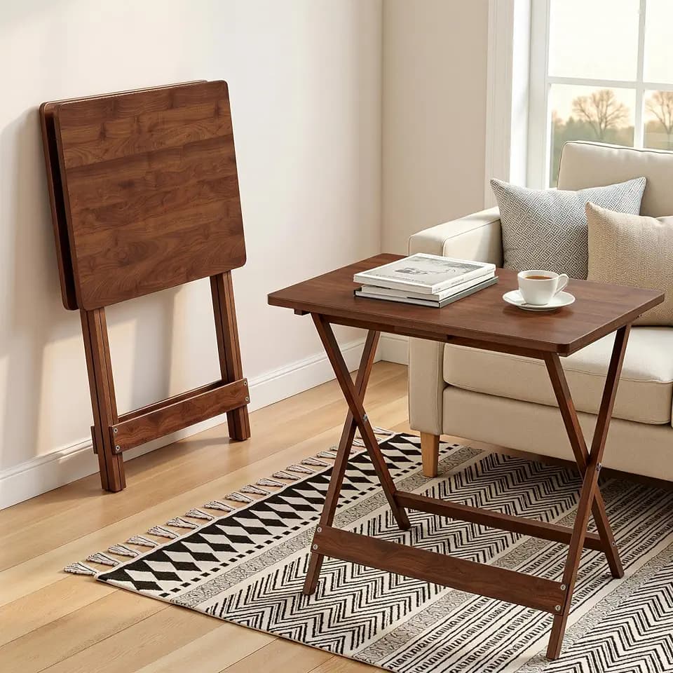 VECELO Folding Table Set of 2, Modern Wood Portable Snack TV Trays, Easy to Clean & Assemble, for Living Room,Bedroom, Kitchen, Brown