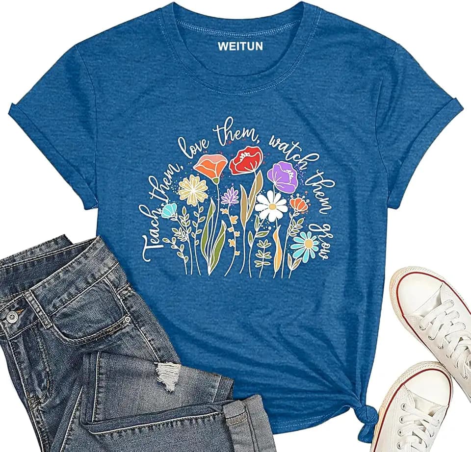 Women Teach Them Love Them Watch Them Grow Wildflower Teacher Shirt Boho Floral Graphic Tee