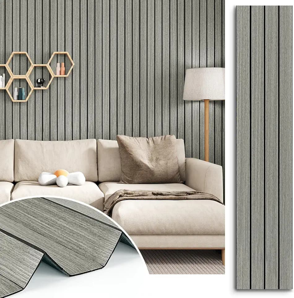 Grey Wood Slat Wall Panel 3D Fluted Wall Panels Peel and Stick Flexible Wood Paneling 11.8"x197" Self Adhesive Modern Slat Acoustic Panels Removable PVC Wooden Walls Panel for Bedroom Ceiling