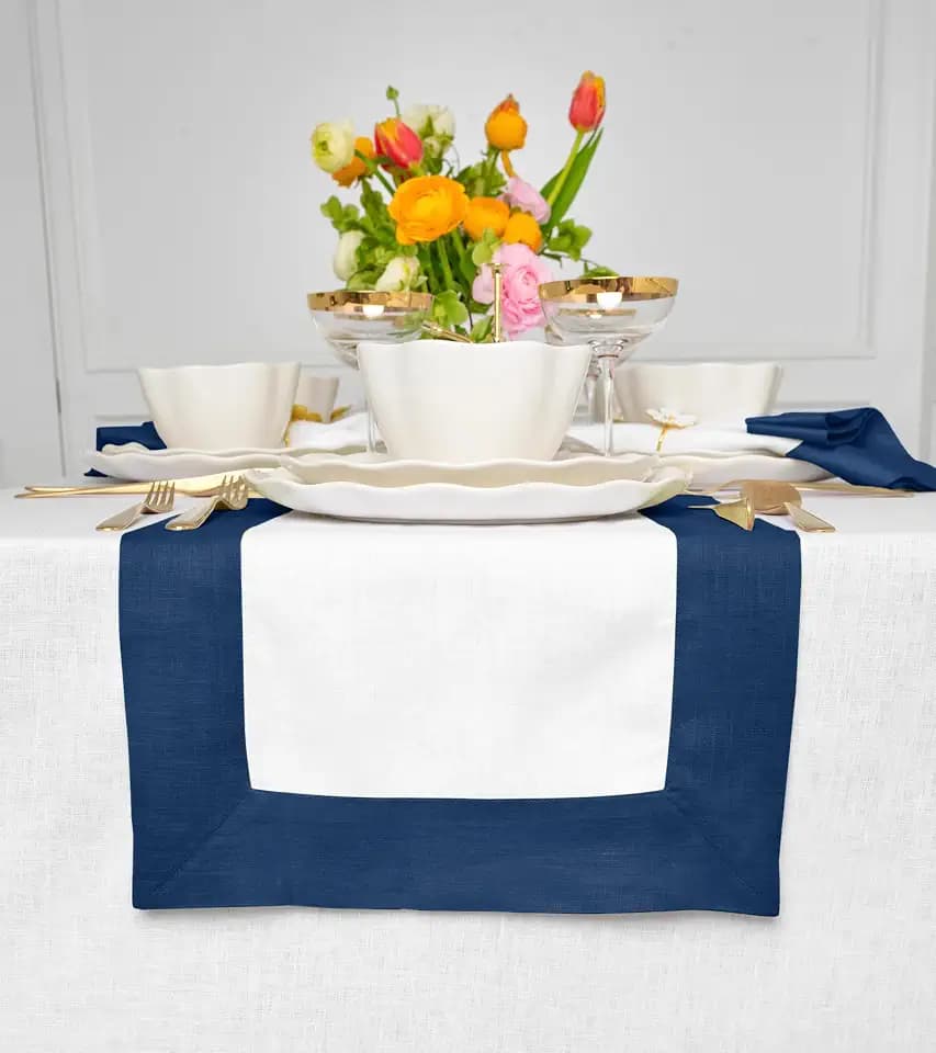 Solino Home 100% Pure Linen Table Runner, 14 x 72 in, Indigo Blue and White