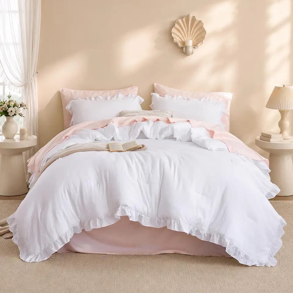 JANZAA White Comforter Set Queen, Ruffle Soft Bedding