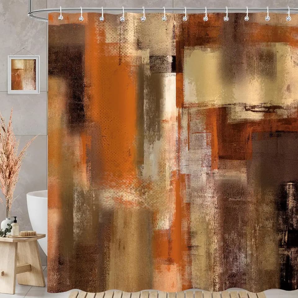 Burnt Orange Abstract Oil Shower Curtain, Modern Art Red Brown Painting Fabric Bathroom Curtains Decor Set, Waterproof Polyester Fabric Bath Curtain with Hooks 72x84 Inch