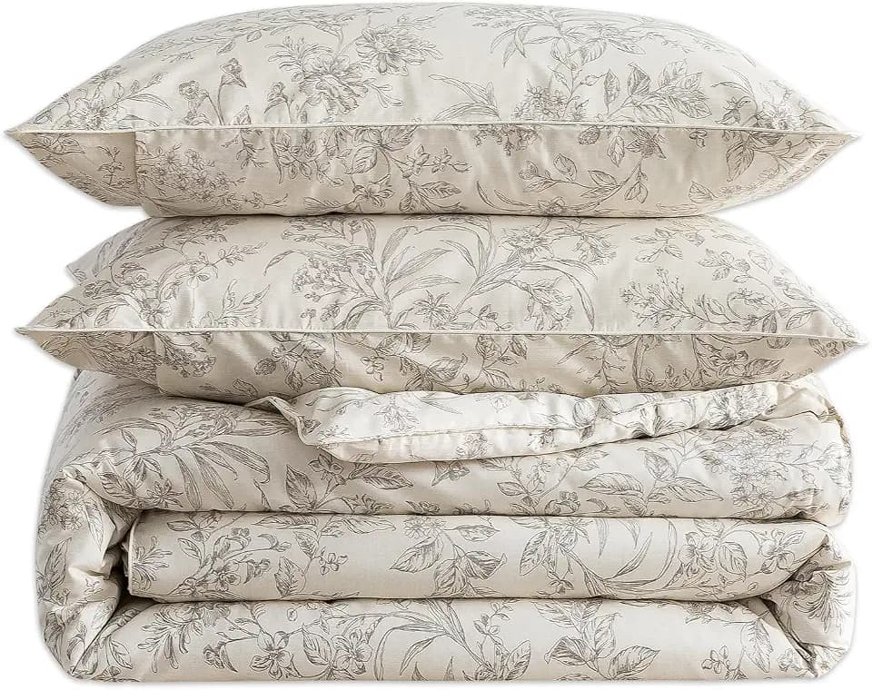 Neutral Floral Beige Duvet Cover Queen Size, 100% Cotton Percale