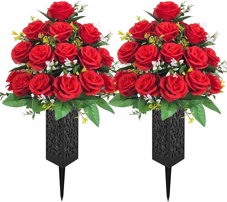 Mirevielyn 2-Pack Artificial Rose Cemetery Flowers with Spiked Vases