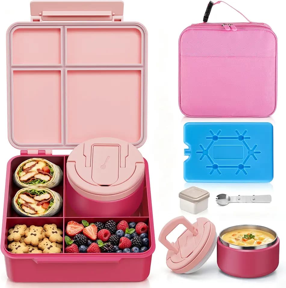 MAXSO Bento Lunch Box Set with 8 oz Soup Thermo, Kids Leakproof 4 Compartments Hot Food Container with Sauce Cup, Ice Pack and Lunch Bag, Child Insulated Food Jar for School - Pink