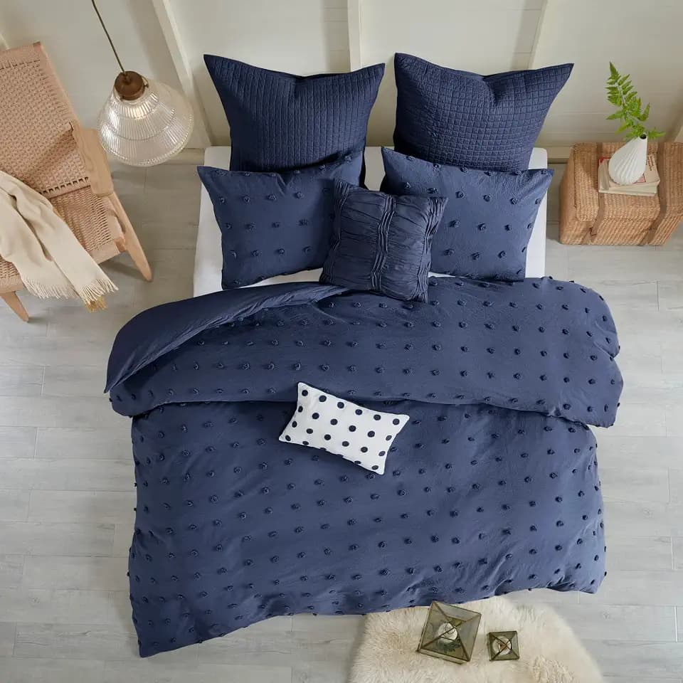 Intelligent Design Duvet Set 100% Cotton Jacquard, Tufts Accent, Shabby Chic All Season Cover for Comforter, Matching Shams, Decorative Pillows, Full/Queen (88 in x 92 in), Navy 7 Piece