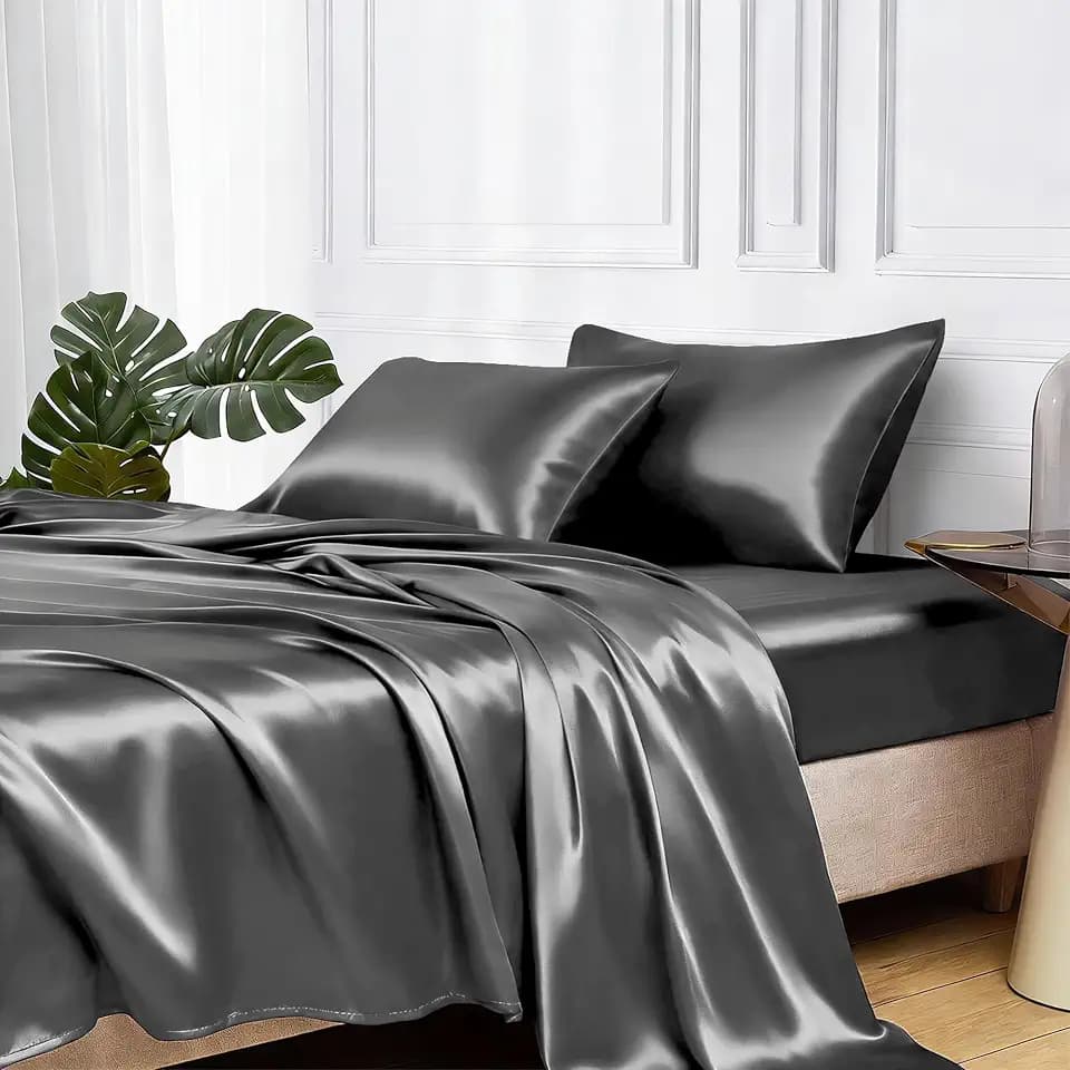 MR&HM Satin Sheets Twin XL Size with Elastic Corner Straps, Dark Grey