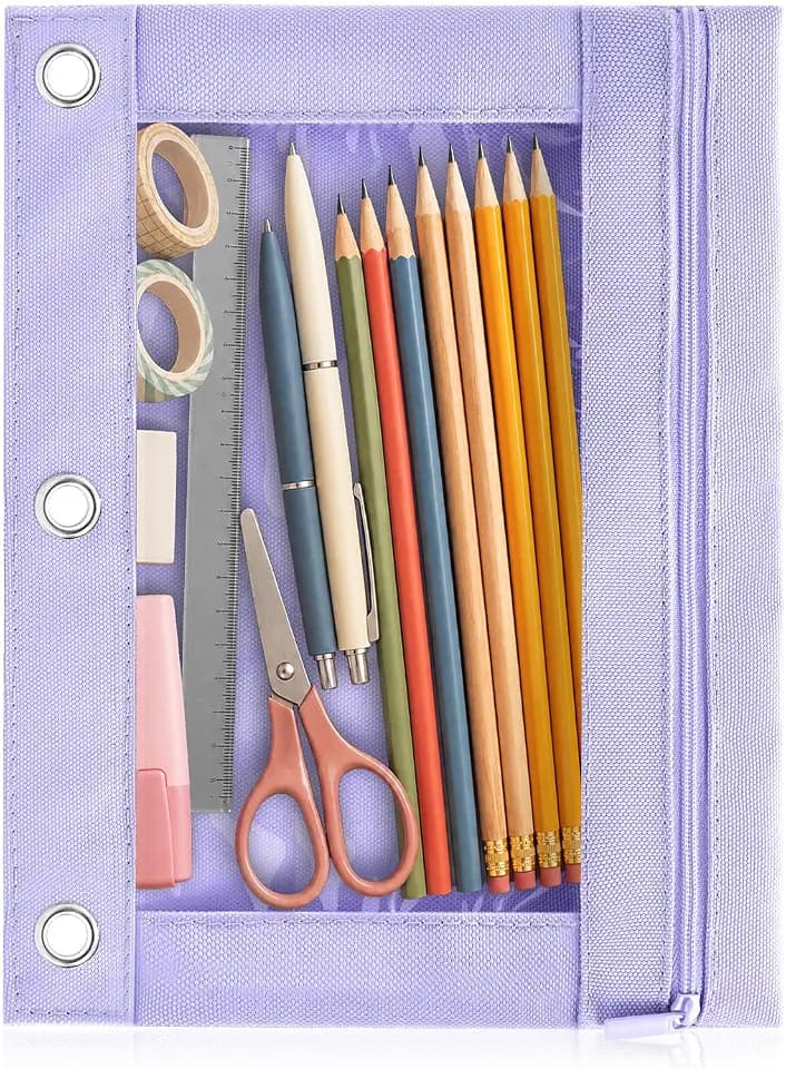 3 Ring Binder Pencil Pouch, Durable Pencil Case for School Supplies, Classroom Must Haves, 3-Hole Design Fits Binders, Zipper Closure, Ideal for Students/Back to School Purple