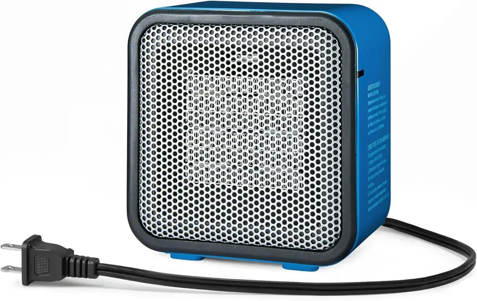 Amazon Basics Ceramic Space Heater, Portable Mini Heater for Office Desk, Fast Heating, Efficient, Indoor Use, 500W, With Tip-Over Protection, Lightweight 1.4 lbs, Blue, 5.9"D x 3.2"W x 6"H