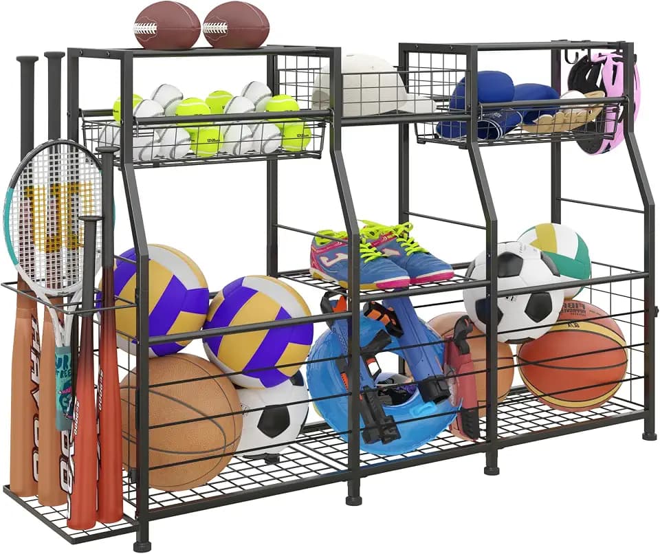 Ball Storage Rack with Bat Holder, Sports Equipment Organizer for Garage