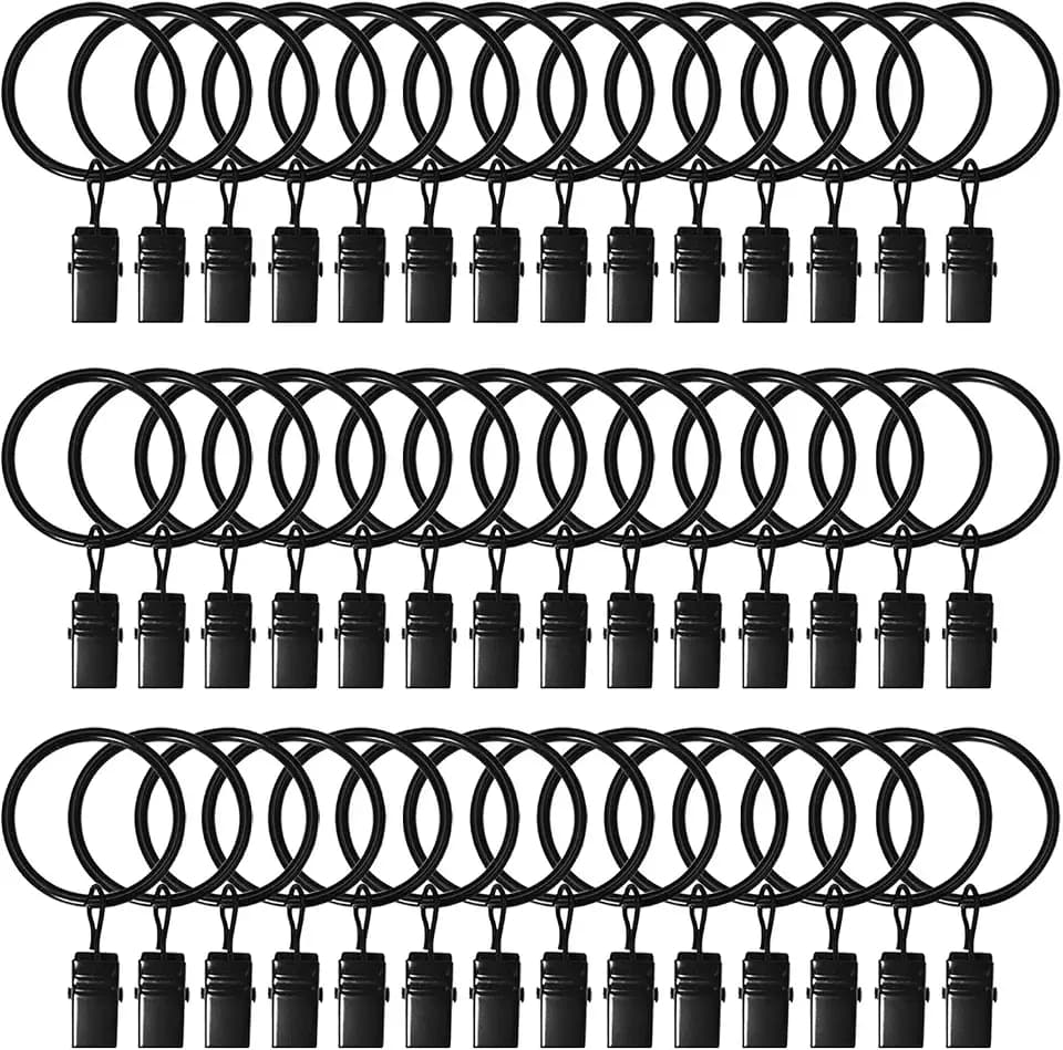 42 Pack Curtain Rings with Clips 1.26" Interior Diameter,Metal Drapery Ring with Clips Compatible with up to 1 inch Drapery Rod,Strong Vintage Decorative Rustproof Drapery Ring with Hooks(Black)