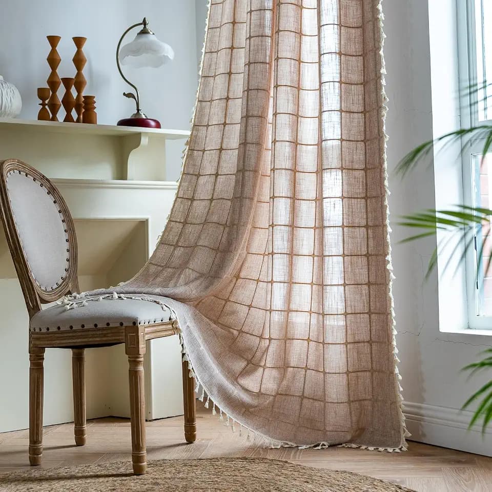 Colorigan 2 Panel Cotton Linen Boho Curtains 63 Inches Long for Living Room Bedroom, Kitchen, Plaids Lattice Embroidered Semi Blackout Bohemian Farmhouse Window Treatment Grids Drape Tassels,Khaki