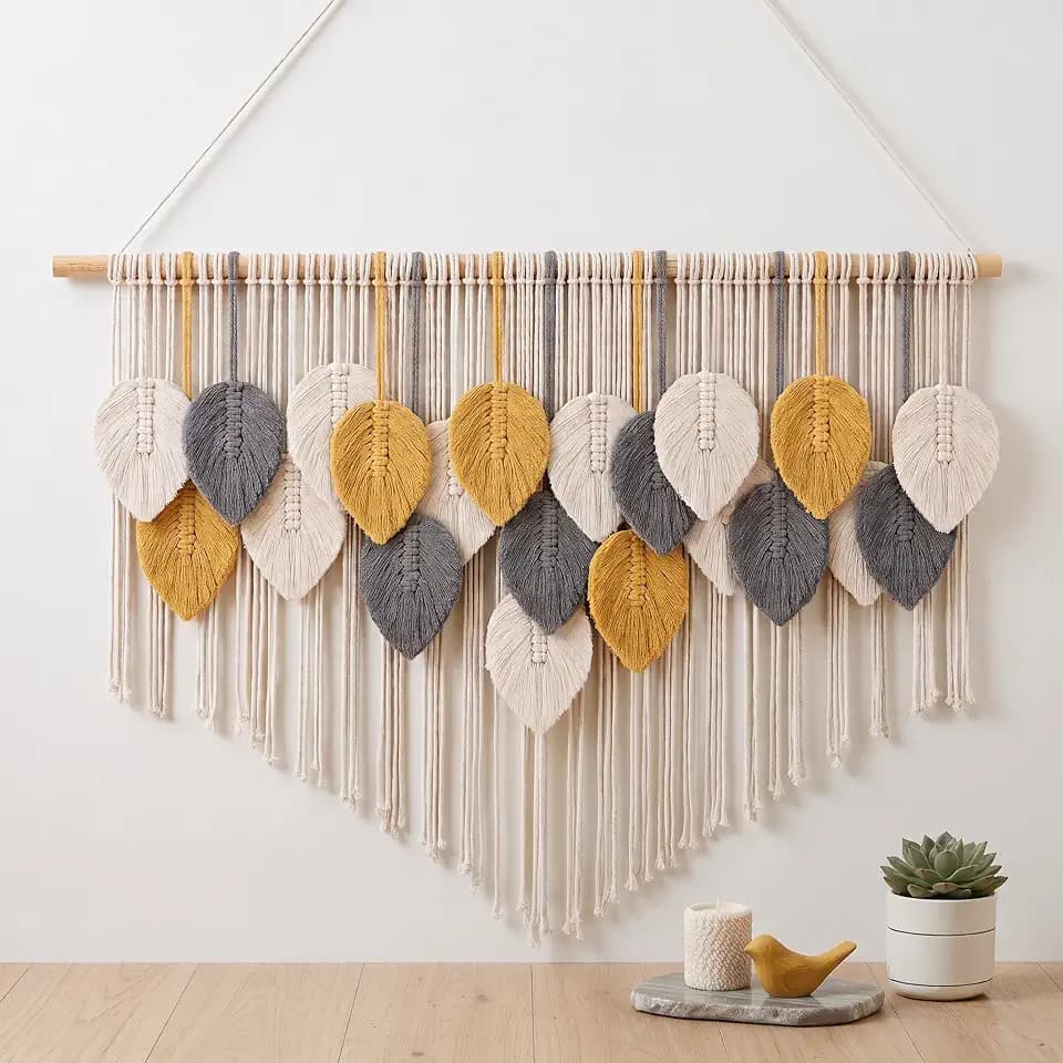 Tempospark Large Macrame Wall Hanging, 39" Wx29 L Boho Wall Hanging, Boho Chic Leaves Tassels Tapestry for Bedroom, Living Room, Dining Room, Nursery, Hallway, Balcony