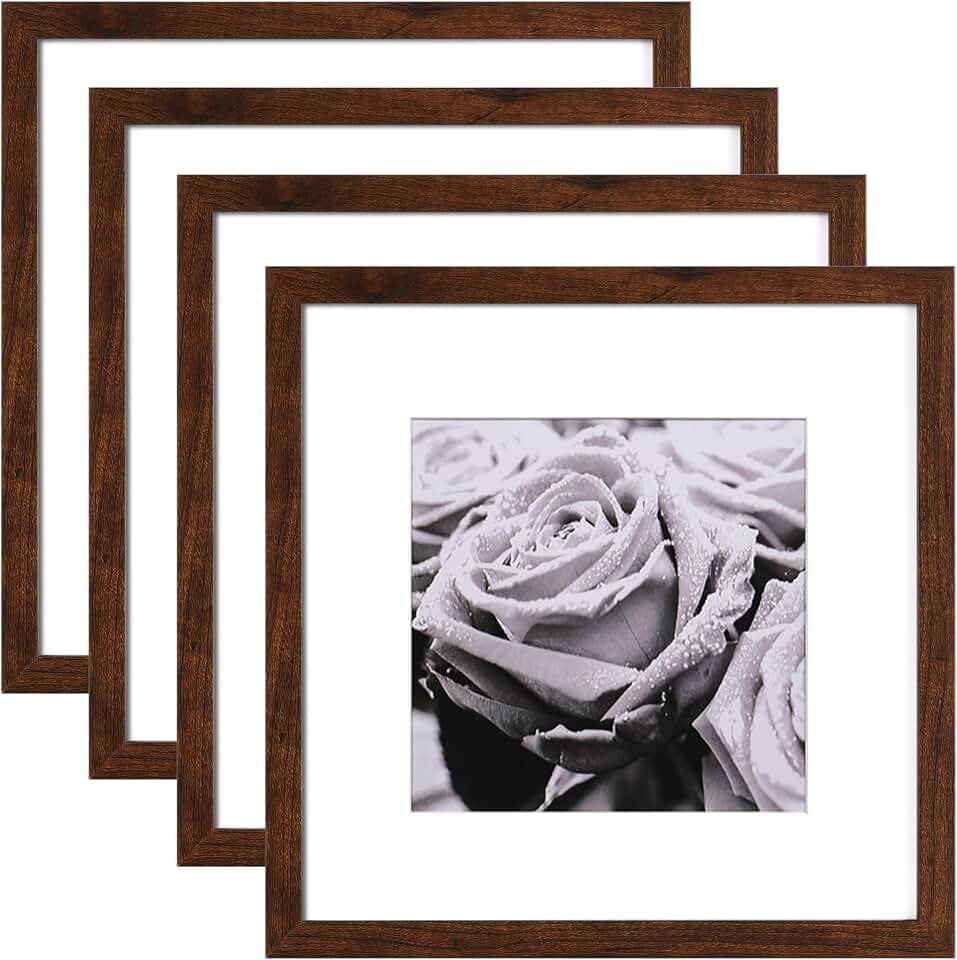 Yaetm 12x12 Picture Frame Set of 4, Brown Wood Grain Square 12x12 Frame Displays 8x8 with Mat or 12 x 12 without Mat, Gallery Wall Frame for Wall Mounting (4 pack, Brown)