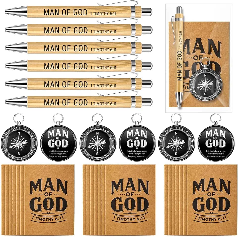 Chiisong 25 Set Man of God Gifts Include 25 Christian Mini Compass, 25 Religious Notebooks, 25 Bamboo Ballpoint Pens for Father's Day Pastors Church Travel Party Favors(25 Sets,Black)