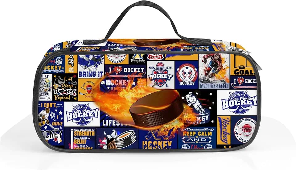 Ice Hockey Ball Pencil Case for Boys Girls, Sport Pencil Box for Kids Ice Hockey Pen Bag, Large Ice Hockey Pencil Pouch with Zipper Compartments for Office School