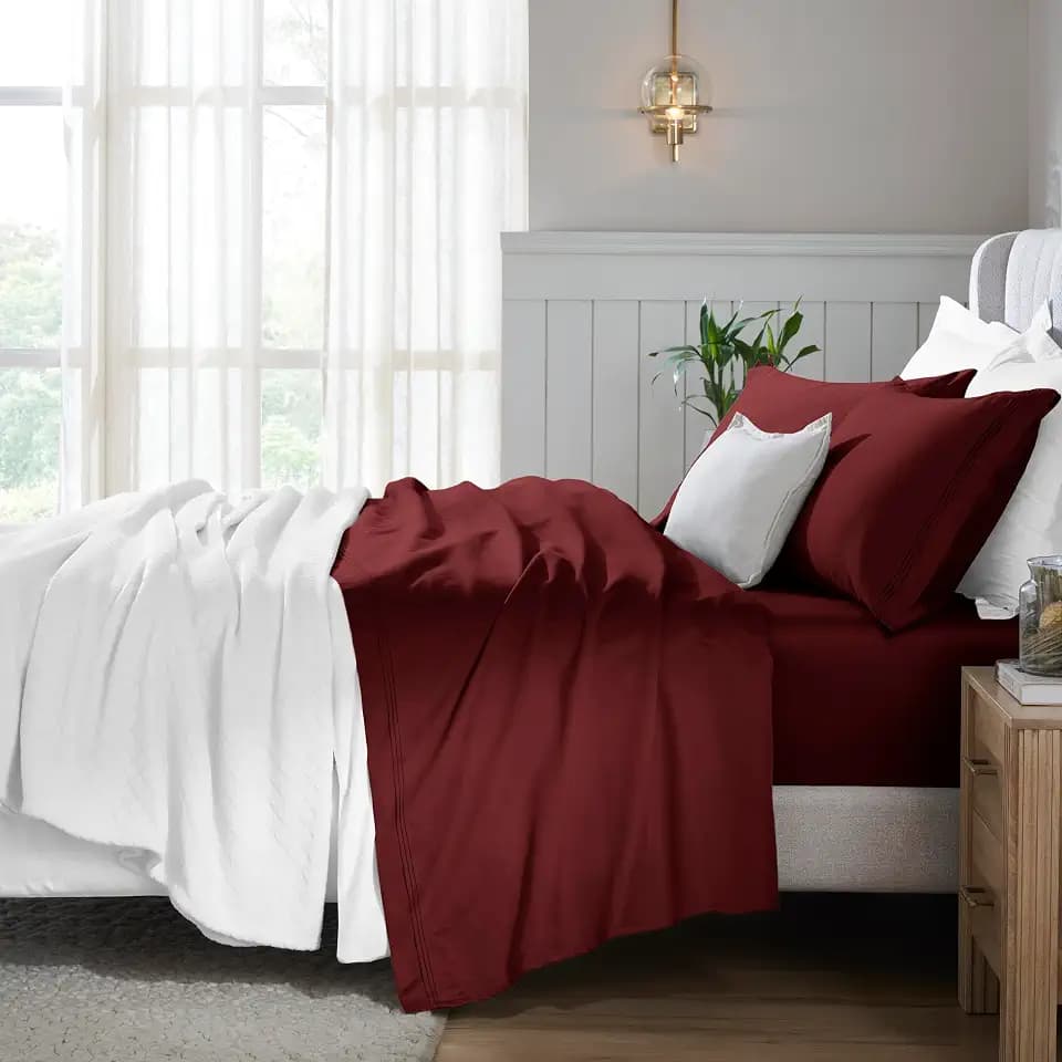 Superior Egyptian Cotton 3 Piece Sheet Set, 650 Thread Count, Eco-Friendly, Sustainable Sheets, Ultra-Soft Basics, Solid, Deep Pocket Fitted Sheet, Flat Sheet, Pillowcase, Twin XL, Burgundy