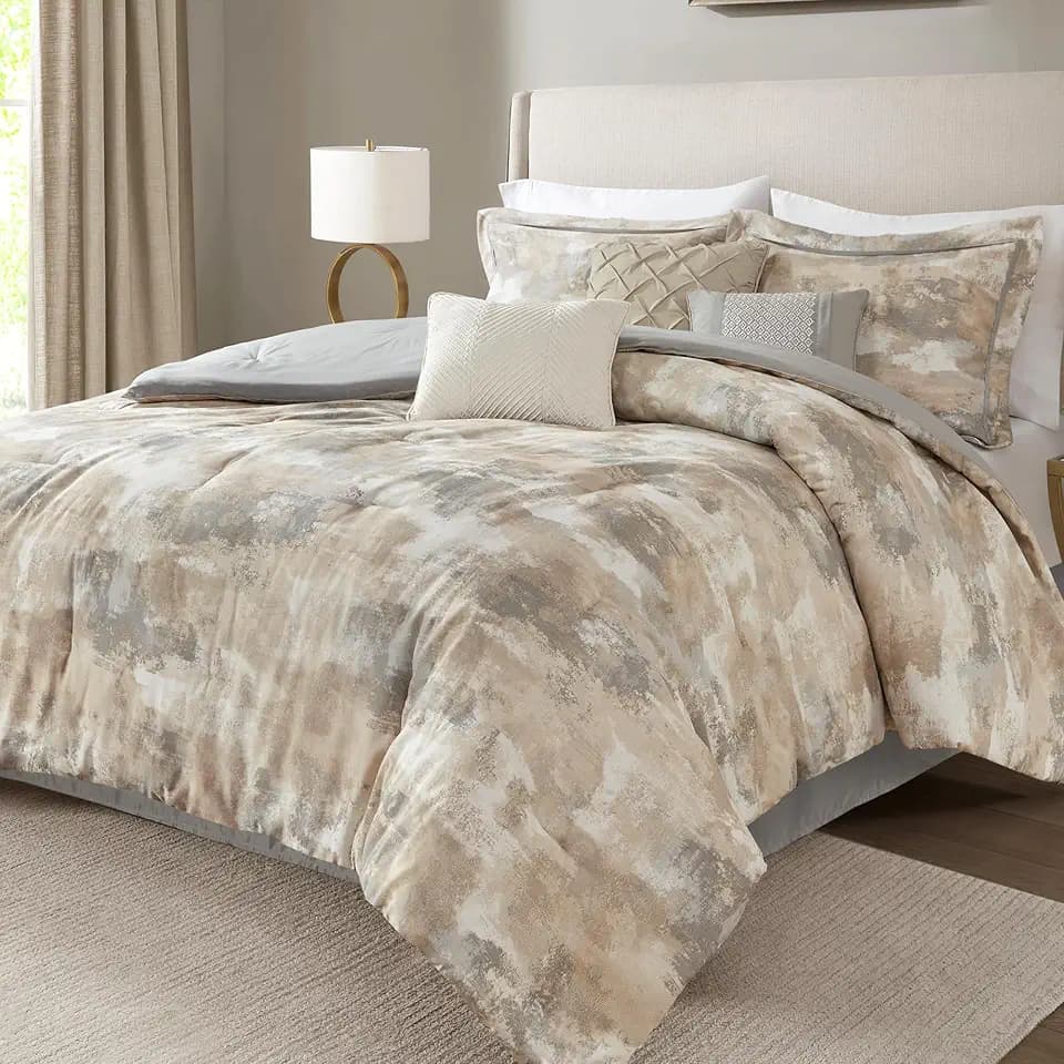 Madison Park Cotton Luxurious Fluffy Gray King Comforter Set, 7pc