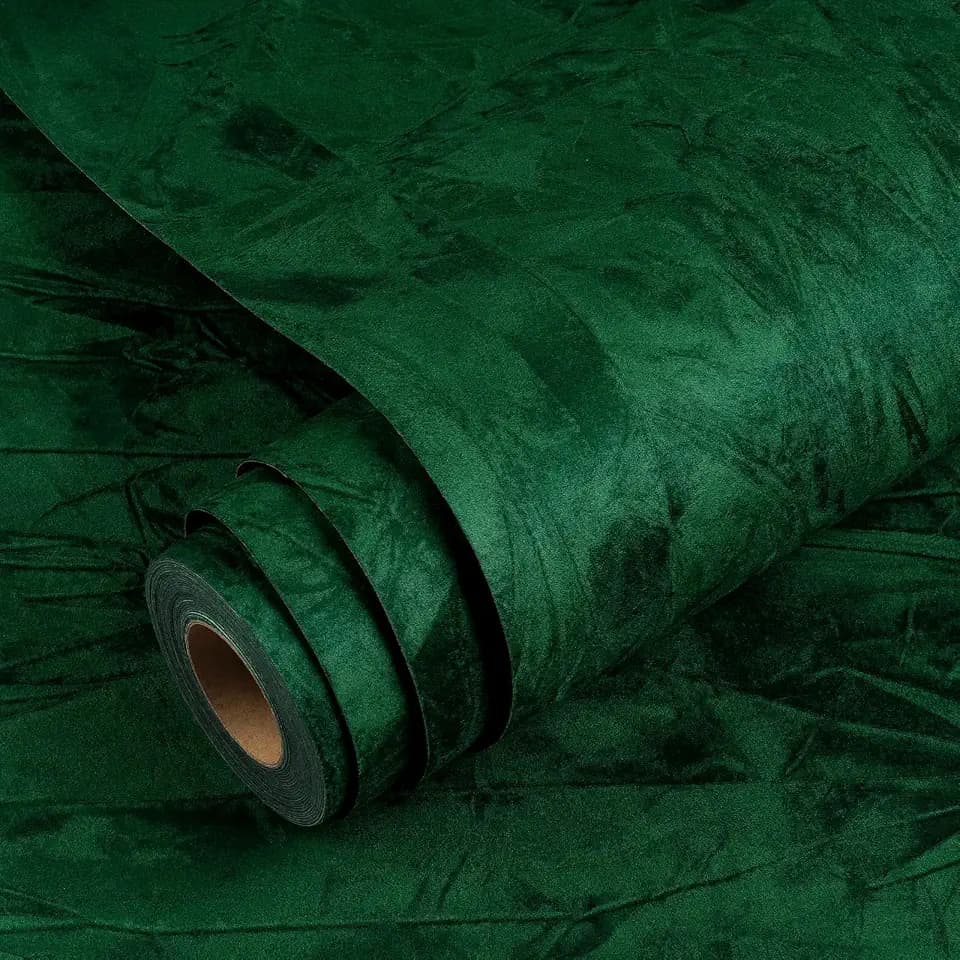 YENHOME Emerald Green Wallpaper Stick and Peel 17.7"X200" Green Peel and Stick Wallpaper Self Adhesive Felt Fabric Wallpaper Contact Paper Velvet Flocking Liner for Jewelry Drawer Renter Friendly