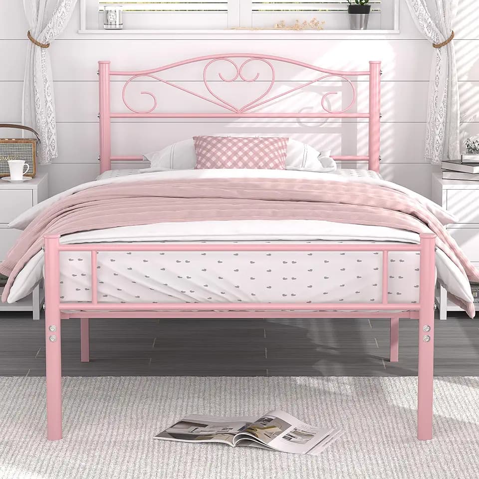 VECELO 14 Inch Twin Size Metal Platform Bed Frame with Headboard and Footboard, Heavy Duty Mattress Foundation with Steel Slats Support, No Box Spring Needed, Pink