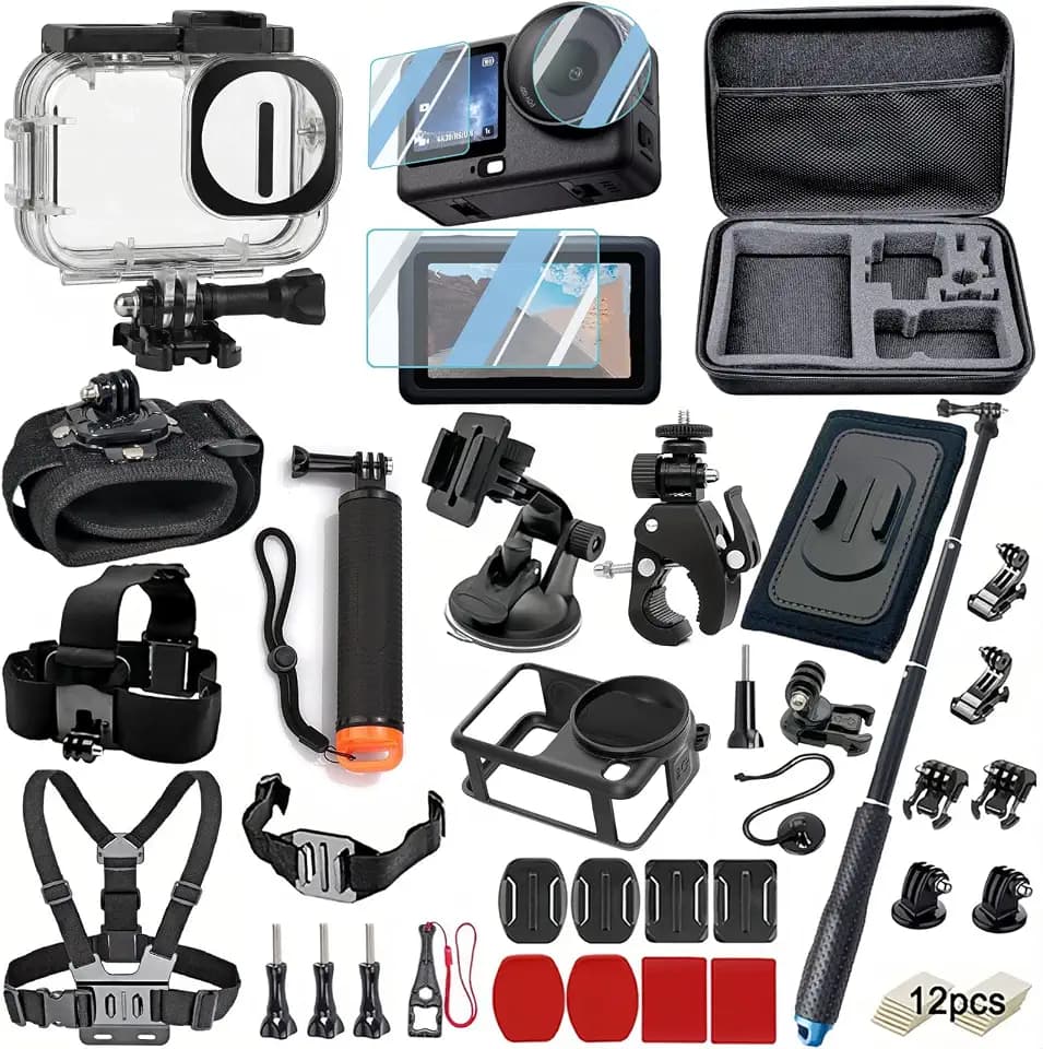 Zubehör-Set, kompatibel mit DJI OSMO Action 6, wasserdichtes Gehäuse, Displayschutzfolie aus gehärtetem Glas, schwimmender Bobber-Griff, große Tragetasche, Halterungen für Brust/Kopf/Lenker