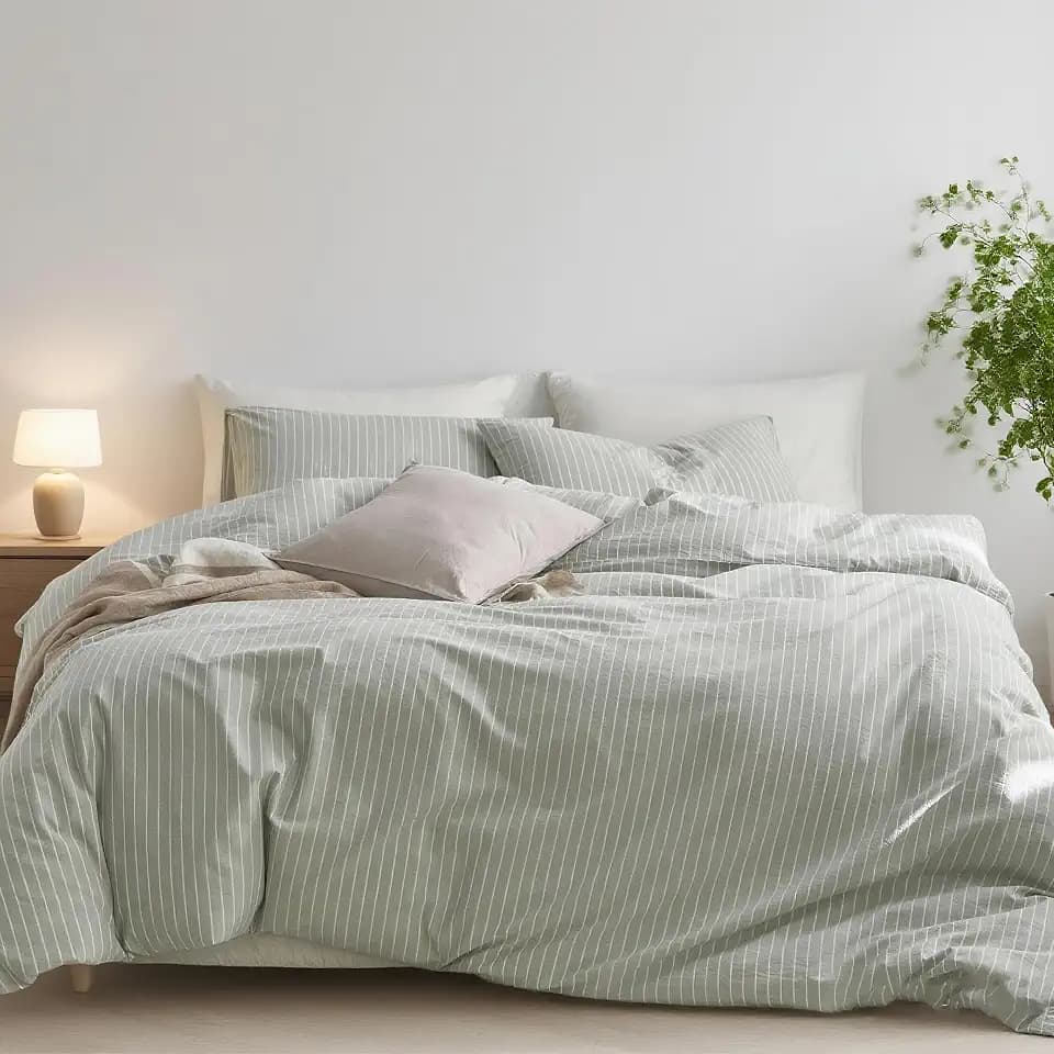 Nayoroom Green Striped Duvet Cover Set Queen 100% Washed Cotton