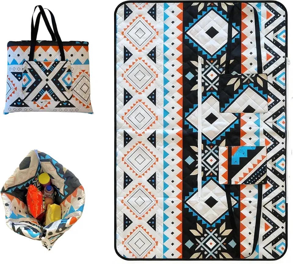 Outdoor Packable Picnic Blanket with Zipper Folds into Tote Bag with Large Storage and Shoulder Strap, Waterproof Sandproof for Lawn Beach Hiking Camping (colorful2, Small)