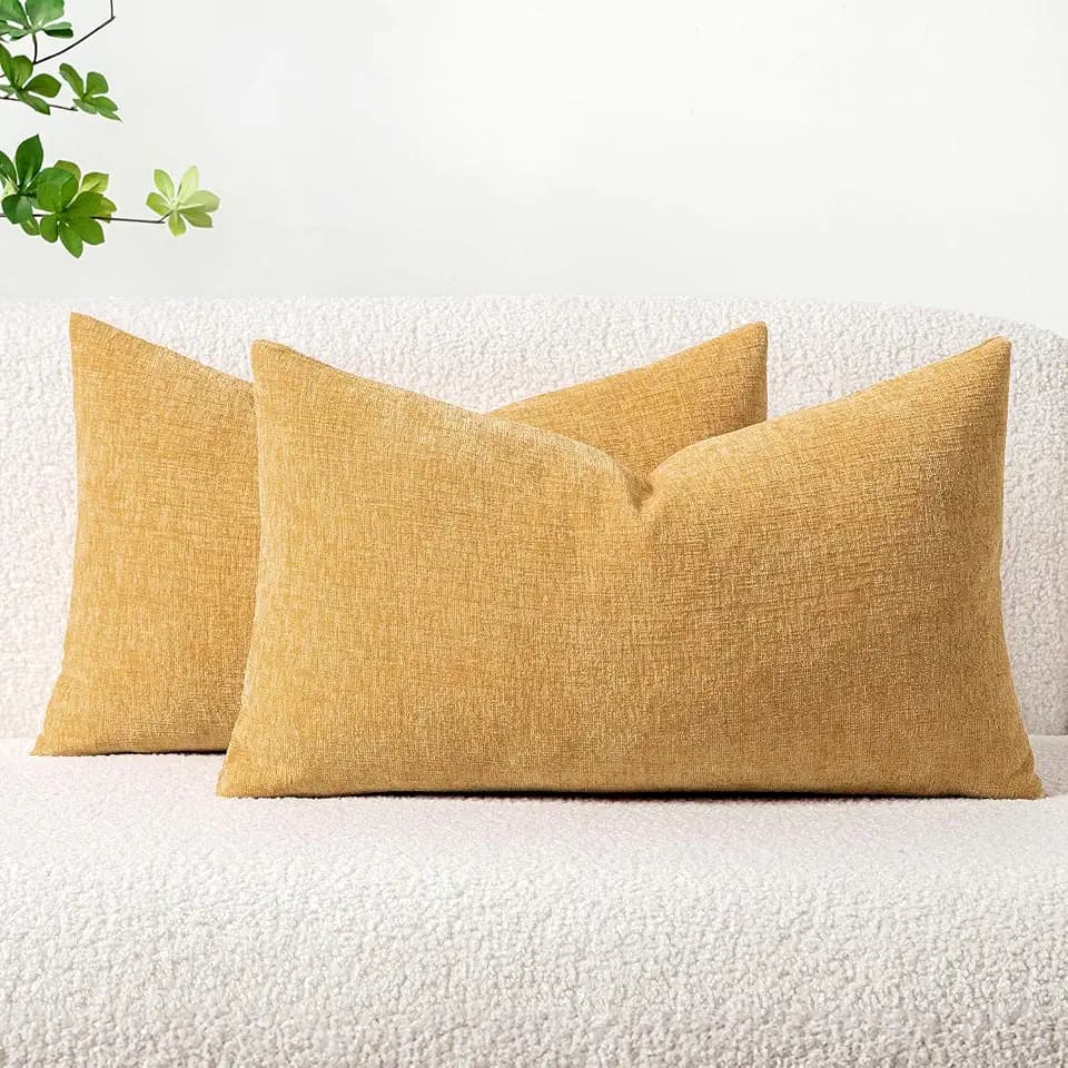 MIULEE Soft Chenille Lumbar Throw Pillow Covers Beige Yellow 12x20 Inch