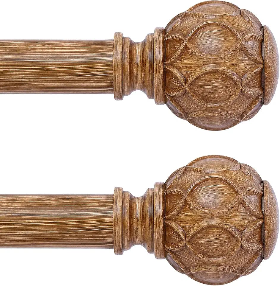 TANGWIN 2 Pack Wood Curtain Rods for Windows 28 to 48 Inch(2.3-4Ft),1 Inch Adjustable Curtain Rod,Heavy Duty Curtain Rods,Wooden Netted Texture Drapery Rods,Single Window Curtain Rod 18-45",Brown Wood