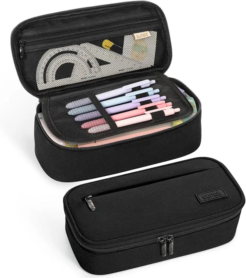 SUNEE Cute Pencil Case, Large Capacity Pencil Pouch, Big Storage Organizer for Stationery, Zipper Pen Bag, Back to School Supplies, Office Organizer Makeup Bag, for Teen Girl Boy Men Women, Black
