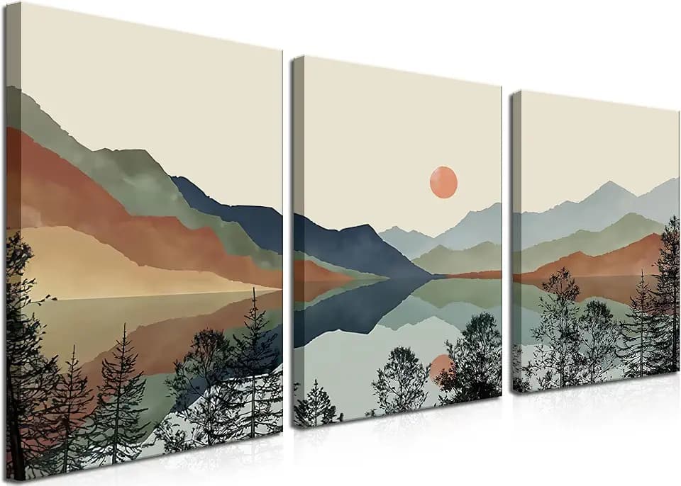AKWISH Framed Mountain Canvas Wall Art Set of 3, Boho Watercolor Poster Prints Painting, Sun Forest Abstract Nature Landscape Artwork Wall Decor for Living Room, Bedroom, Office 12x16 In