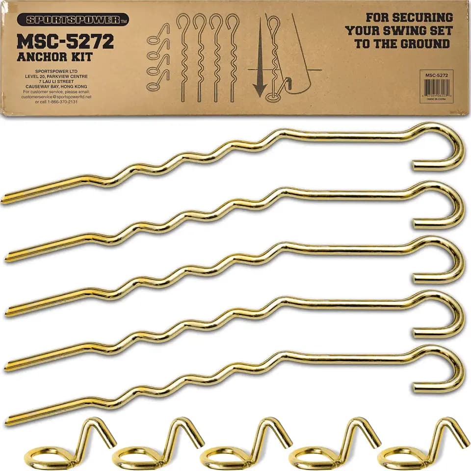 Sportspower 5-Piece Heavy-Duty Steel Corkscrew Ground Anchor Kit for Swing Sets & Trampolines, 12-Inch Anchors, Gold