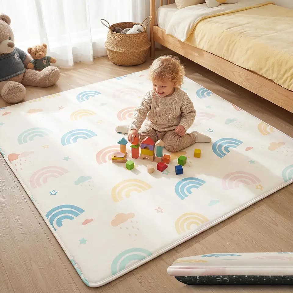 1.5" Thick Play Mat, 50 x 50 Memory Foam Floor Mat, Rainbow Macaron