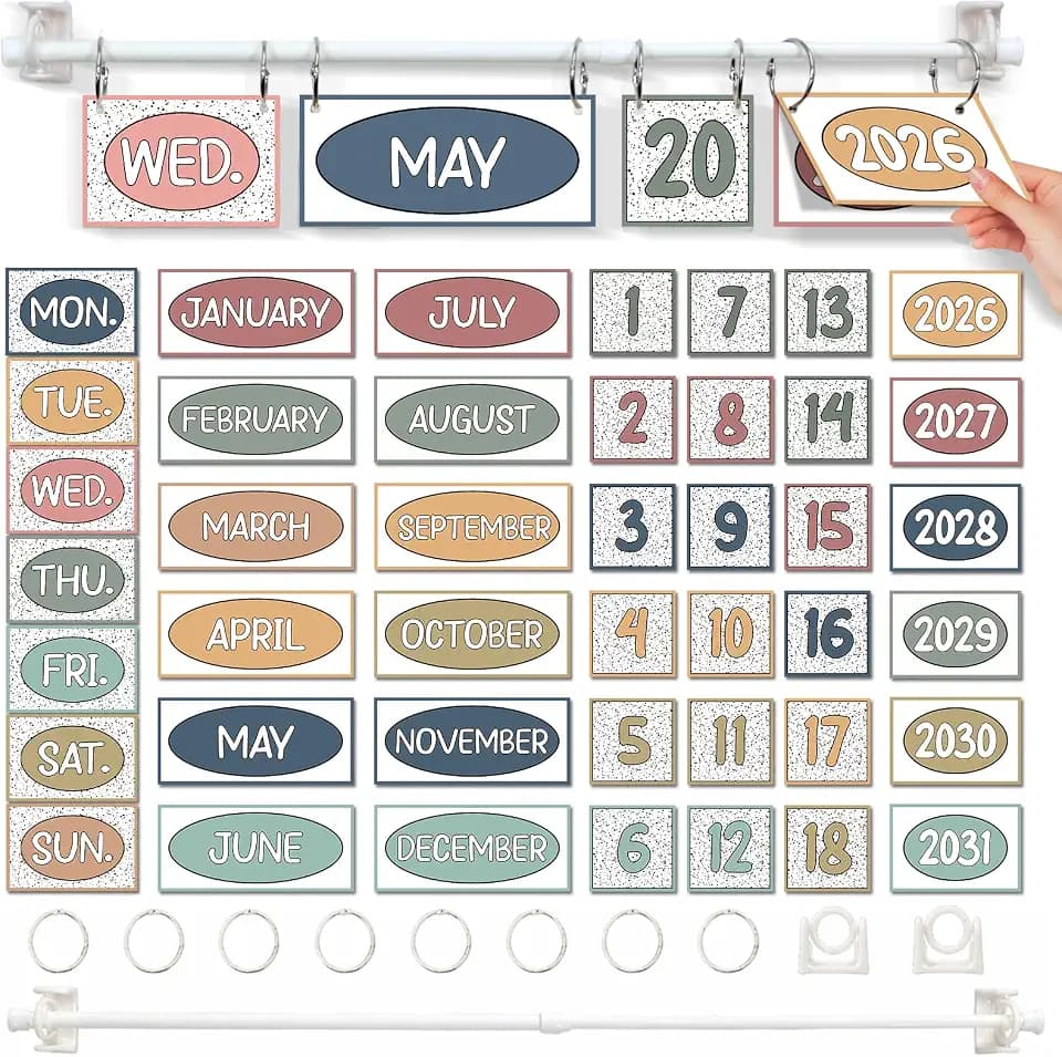 Boho Theme Classroom Flip Calendar Set Includes 56 Date Cards Bulletin Board Calendar Set Classroom Decoration with Adjustable Holder O Rings For Wall Decor Back to School Home Supplies