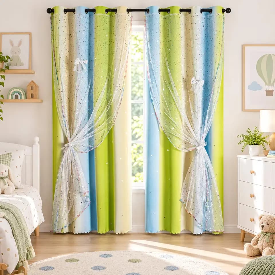 52x63 2-in-1 Double-Layer Kids & Girls Unicorn Princess Ombre Blackout Curtains with Foil Print Sheer, 2 Panels Set - Green Yellow Blue
