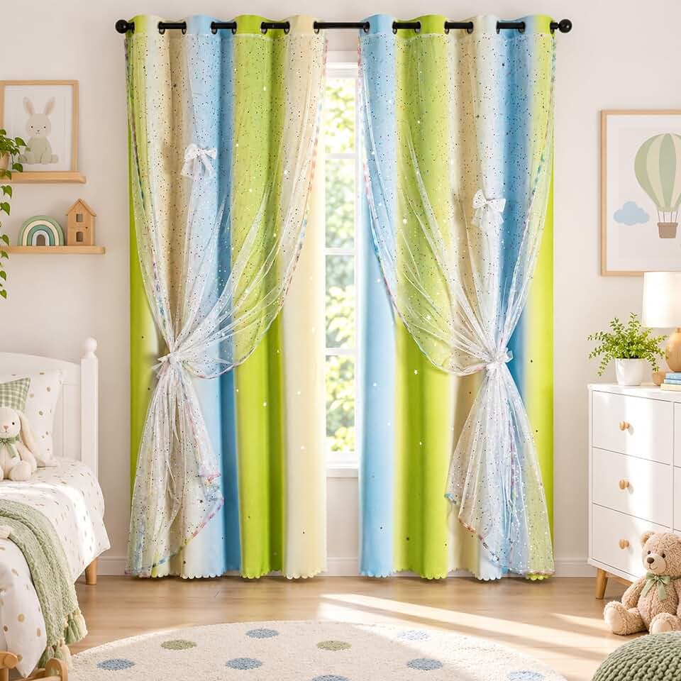 52x84 Kids & Girls Rainbow Ombre Double Layer Star Cutout Blackout Curtains with Foil Print Sheer, 2 Panels Set - Green Yellow Blue
