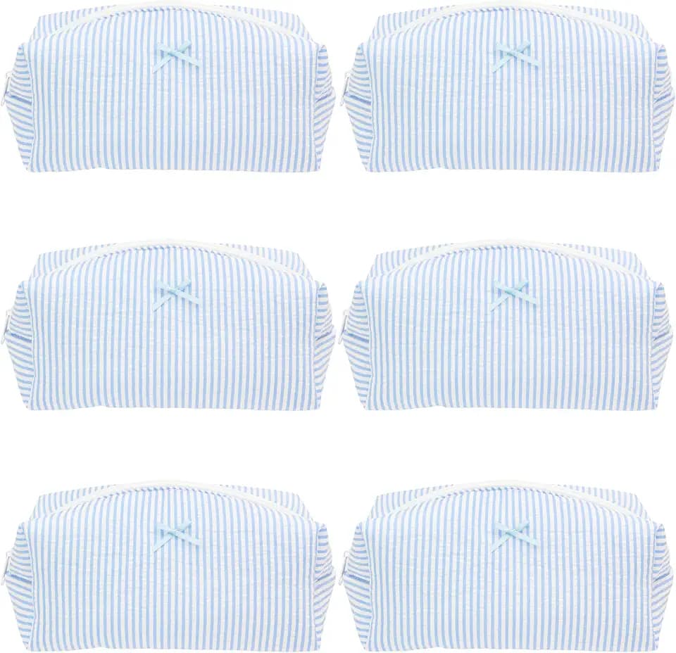 PAZIMIIK Cozy Makeup Bag for Women,Zipper Cosmetic Pouch,Stripe Blue,6 Pack