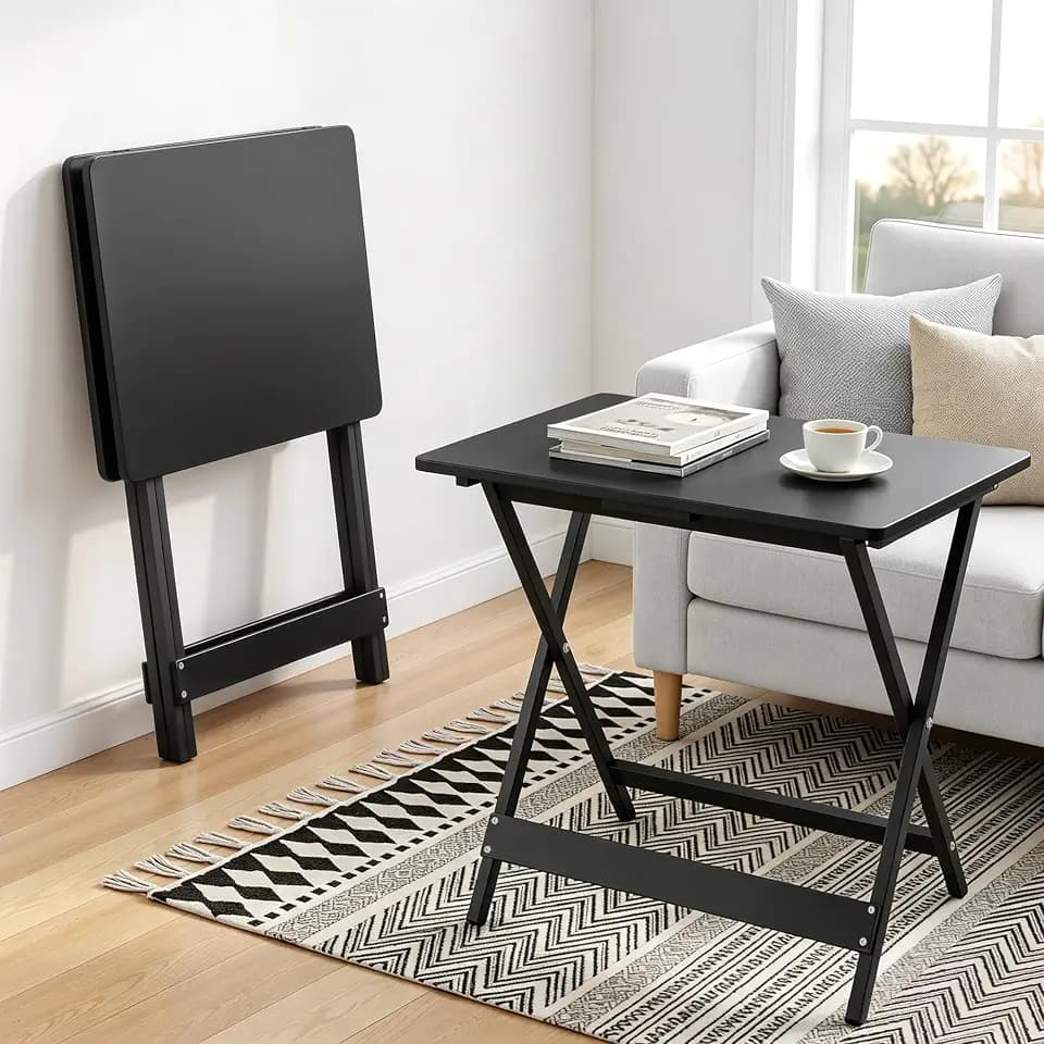 VECELO Folding Table Set of 2, Modern Wood Portable Snack TV Trays, Easy to Clean & Assemble, for Living Room,Bedroom, Kitchen, Black