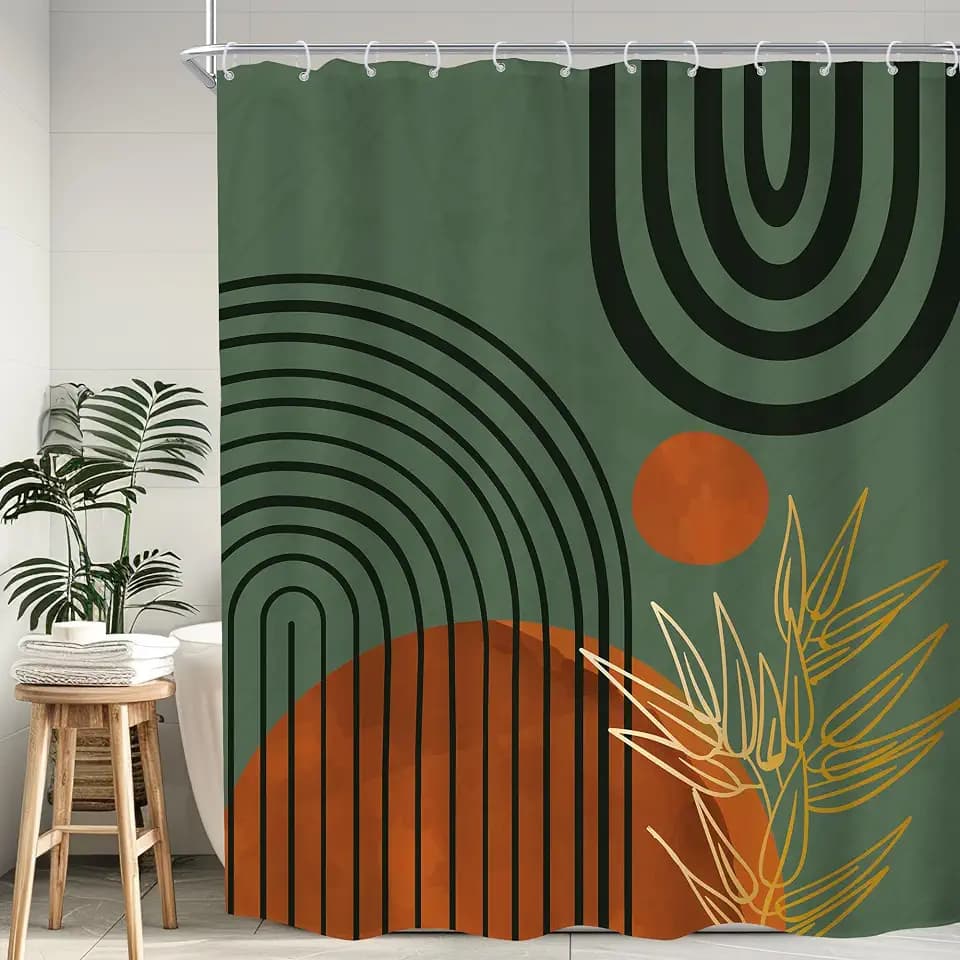 Boho Orange Green Shower Curtain Mid Century Modern Bathroom Curtain Set