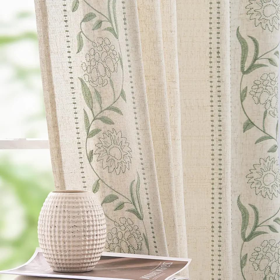 jinchan Sage Floral Linen Curtains for Living Room 90" Back Tab 2 Panels